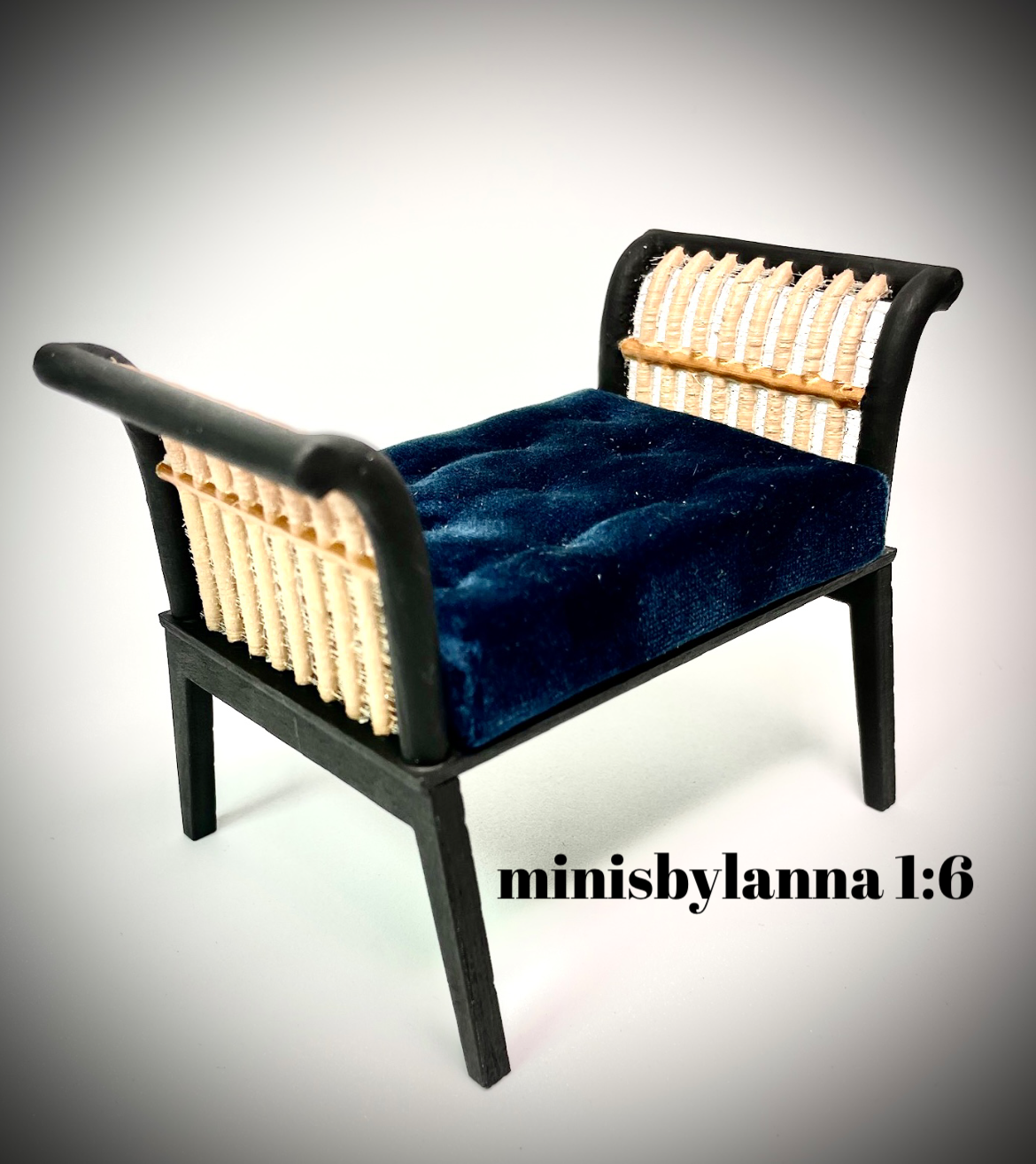1:6 Dollhouse miniature wooden Art Deco rattan stool velvet deep blue
