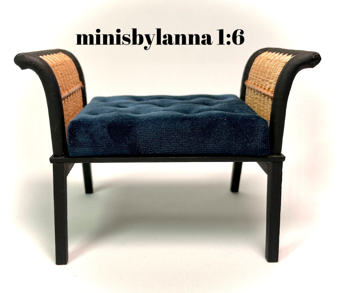 1:6 Dollhouse miniature wooden Art Deco rattan stool velvet deep blue