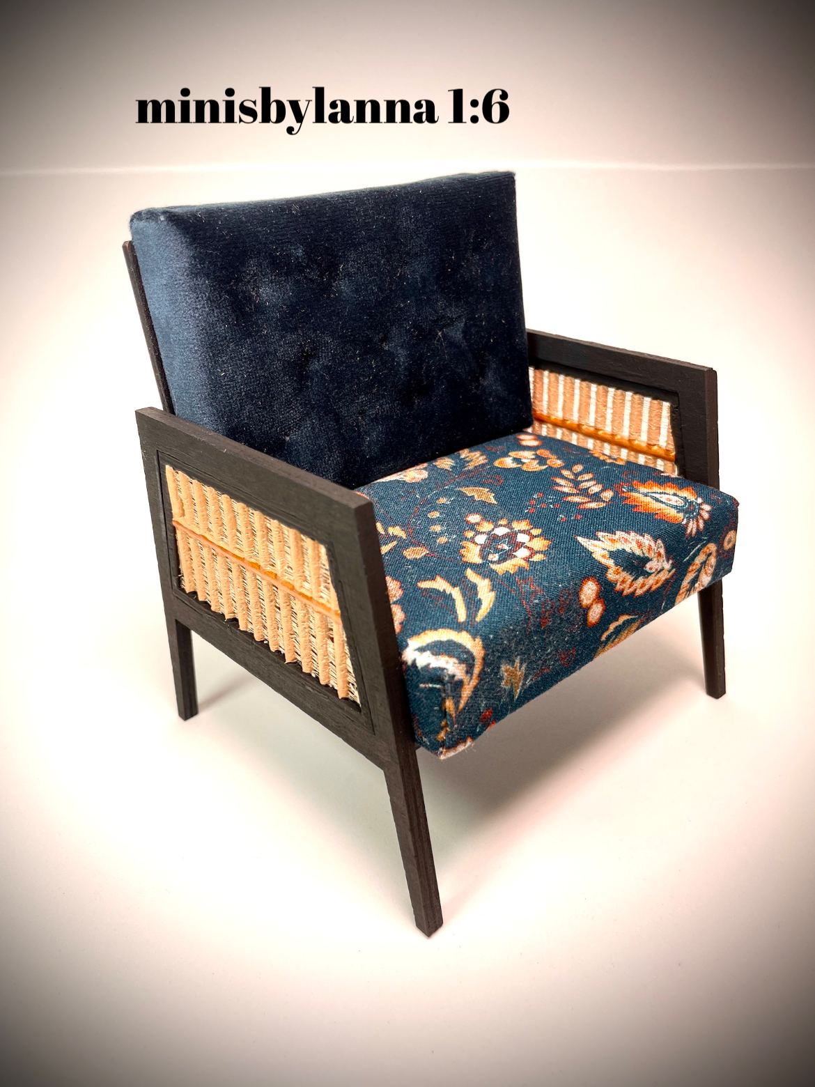 1:6 Dollhouse miniature wooden Art Deco rattan armchair orange and velvet deep blue