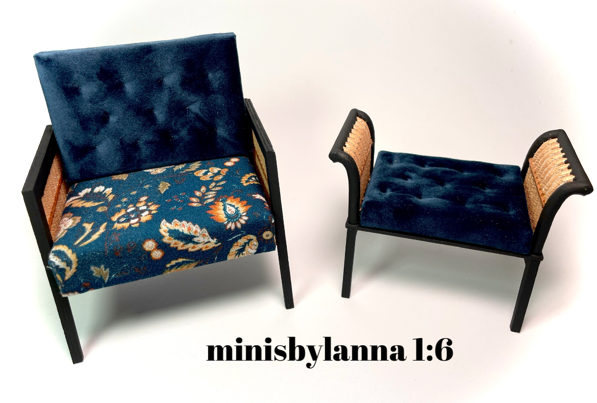 1:6 Dollhouse miniature wooden Art Deco rattan armchair and stool orange and velvet deep blue
