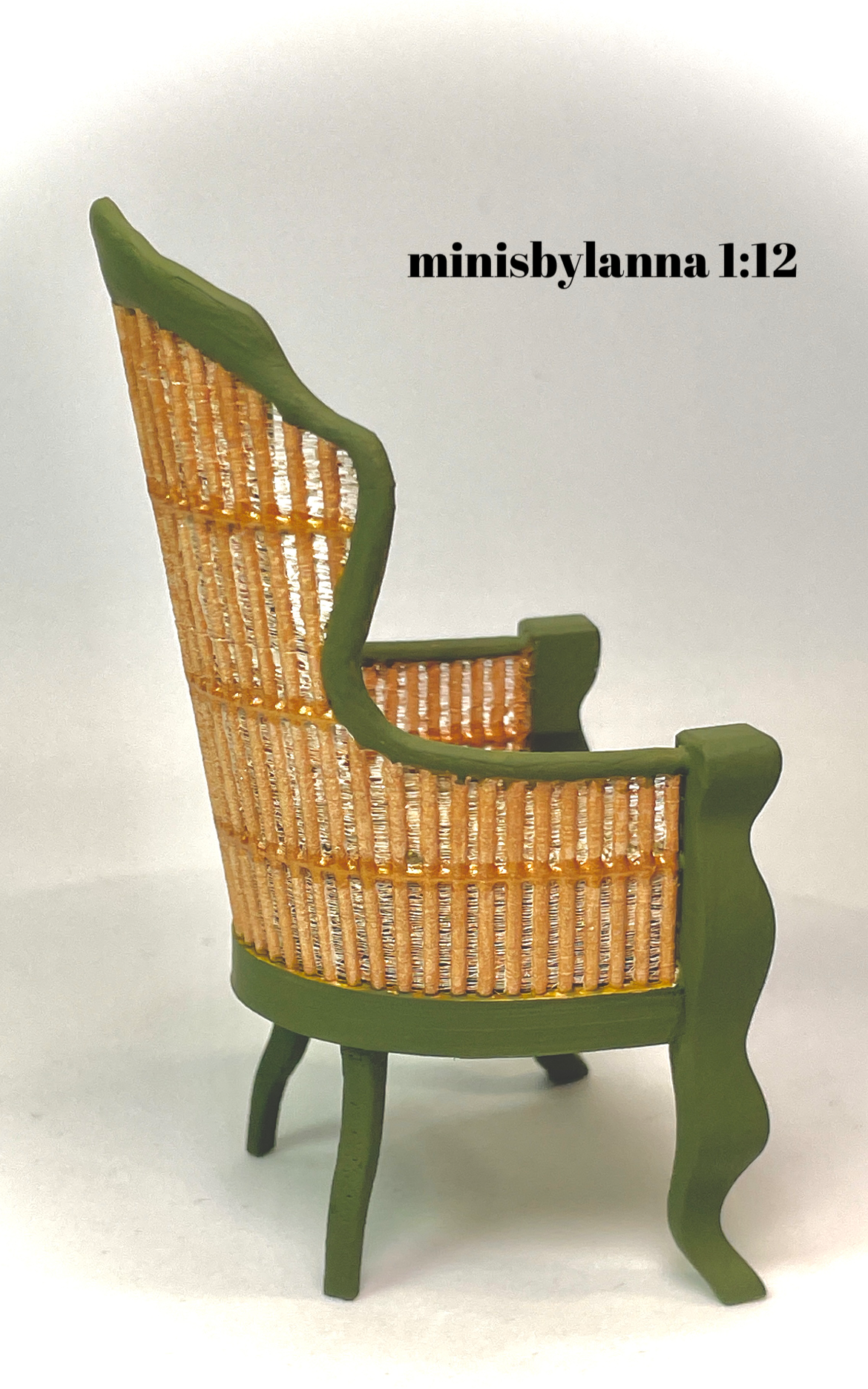1:12 Dollhouse miniature Victorian rattan dark green chair and tapestry fabric green cushion
