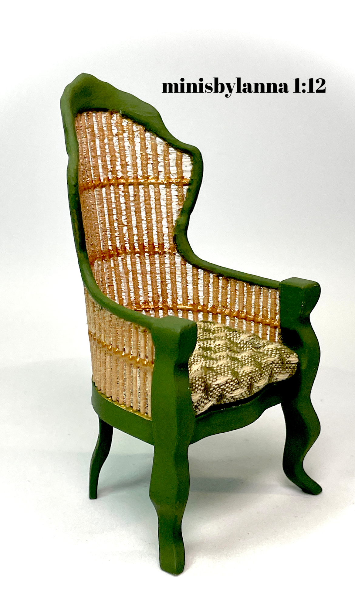 1:12 Dollhouse miniature Victorian rattan dark green chair and tapestry fabric green cushion