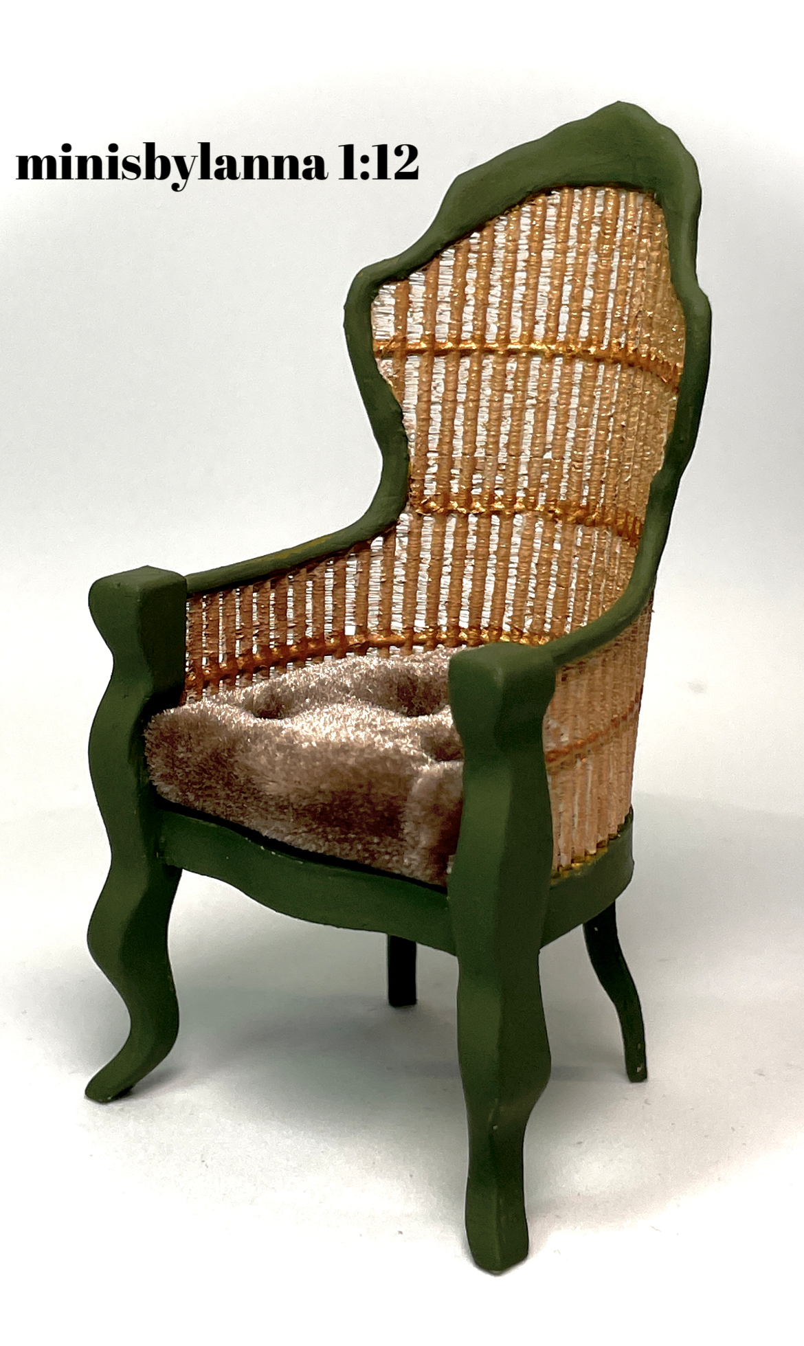 1:12 Dollhouse miniature Victorian rattan dark green chair and brown velvet cushion