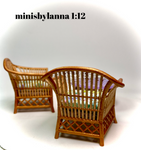 1:12 Dollhouse cane rattan armchairs and mirrored table set spring 23