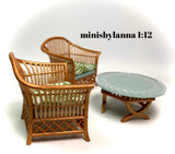 1:12 Dollhouse cane rattan armchairs and mirrored table set tropical green