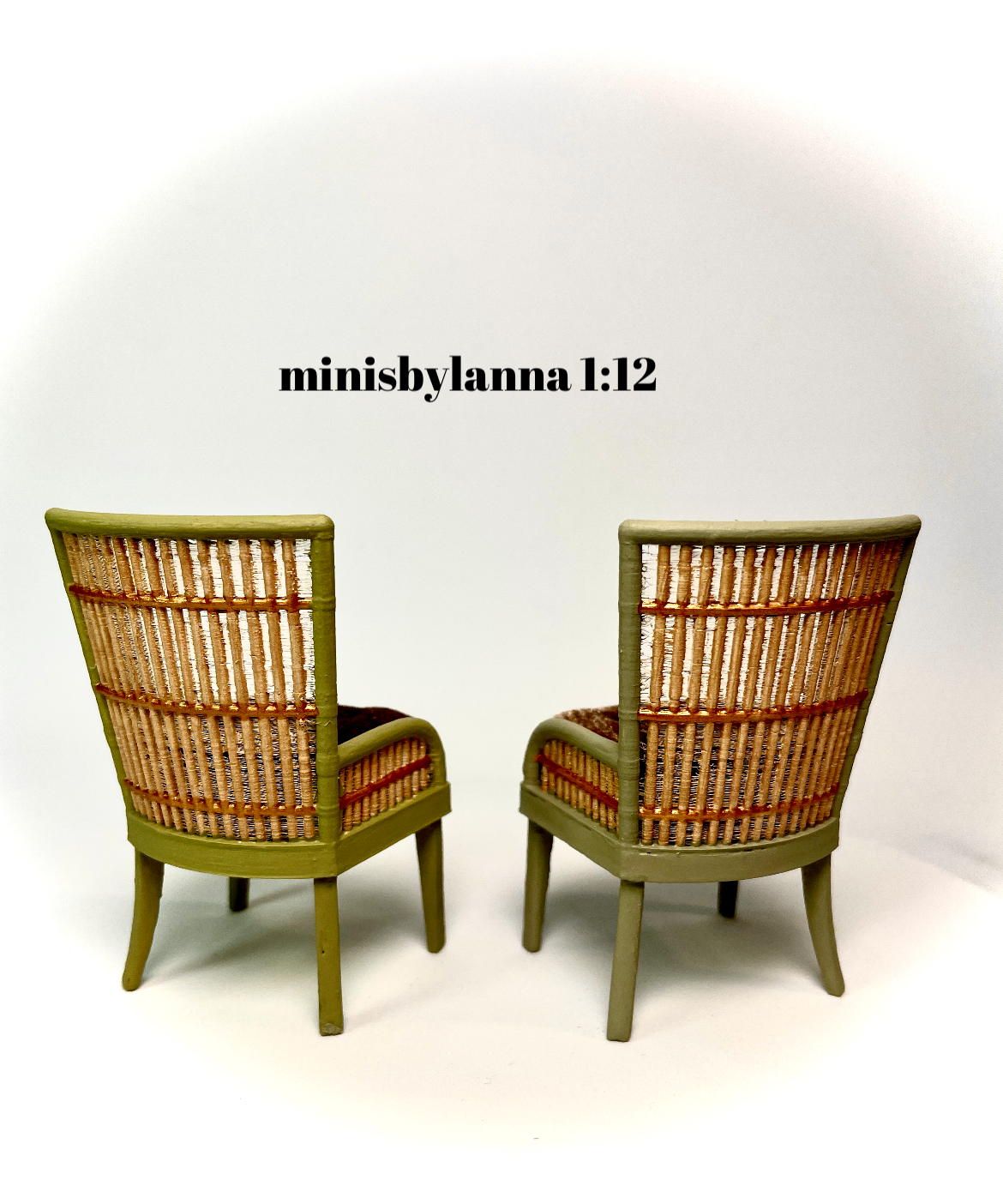 1:12 Dollhouse miniature pair of armchairs Art Deco rattan large light green brown cushion