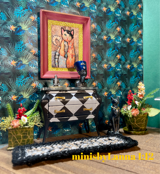 1:12 Dollhouse miniature Art Deco black/white chest of drawers diamond decoupage