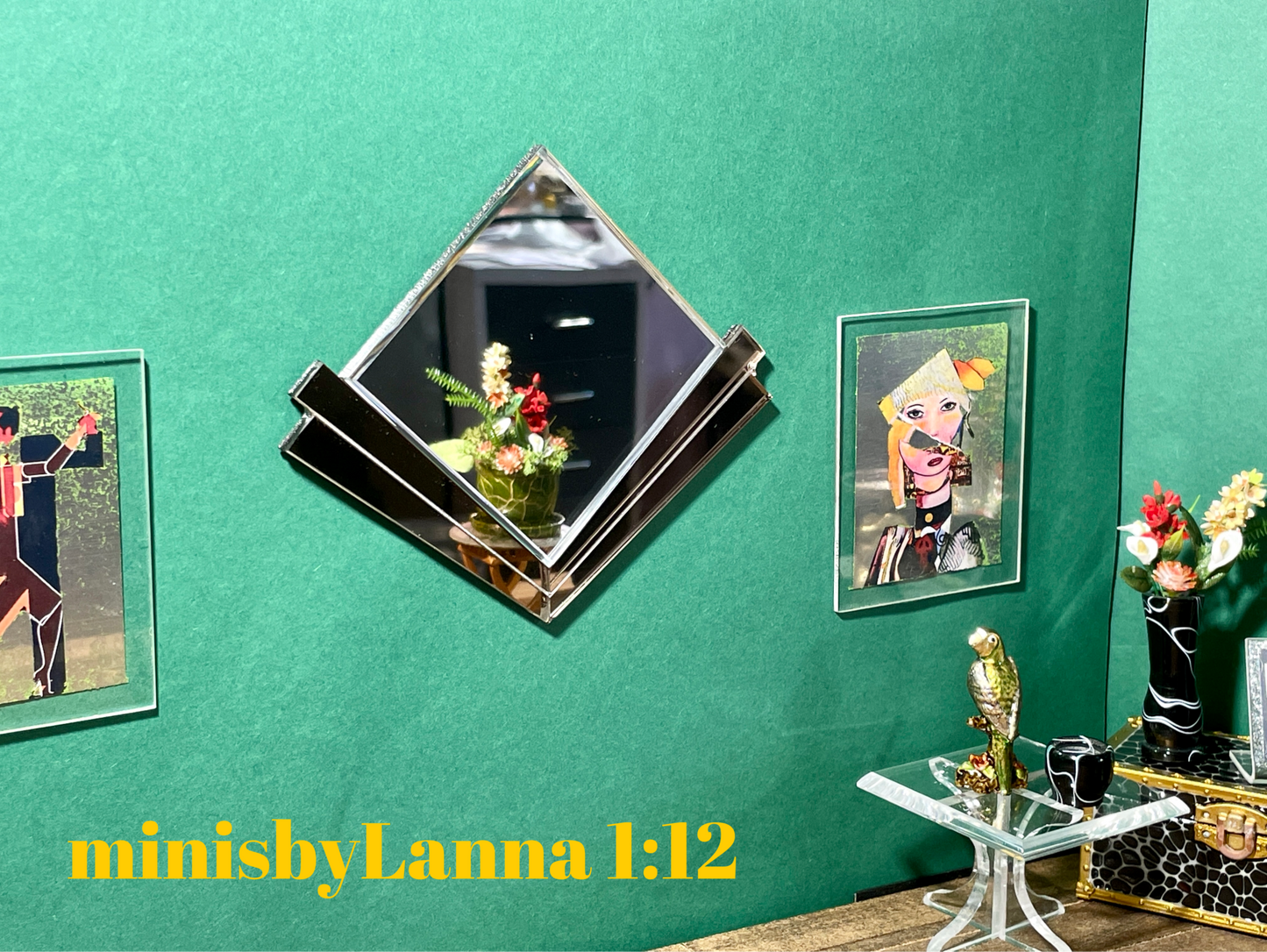 1:12 Dollhouse miniature Art Deco silver/bronze large beveled wall mirror
