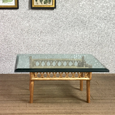 1:6 Dollhouse miniature coffee table rattan with a beveled glass effect top