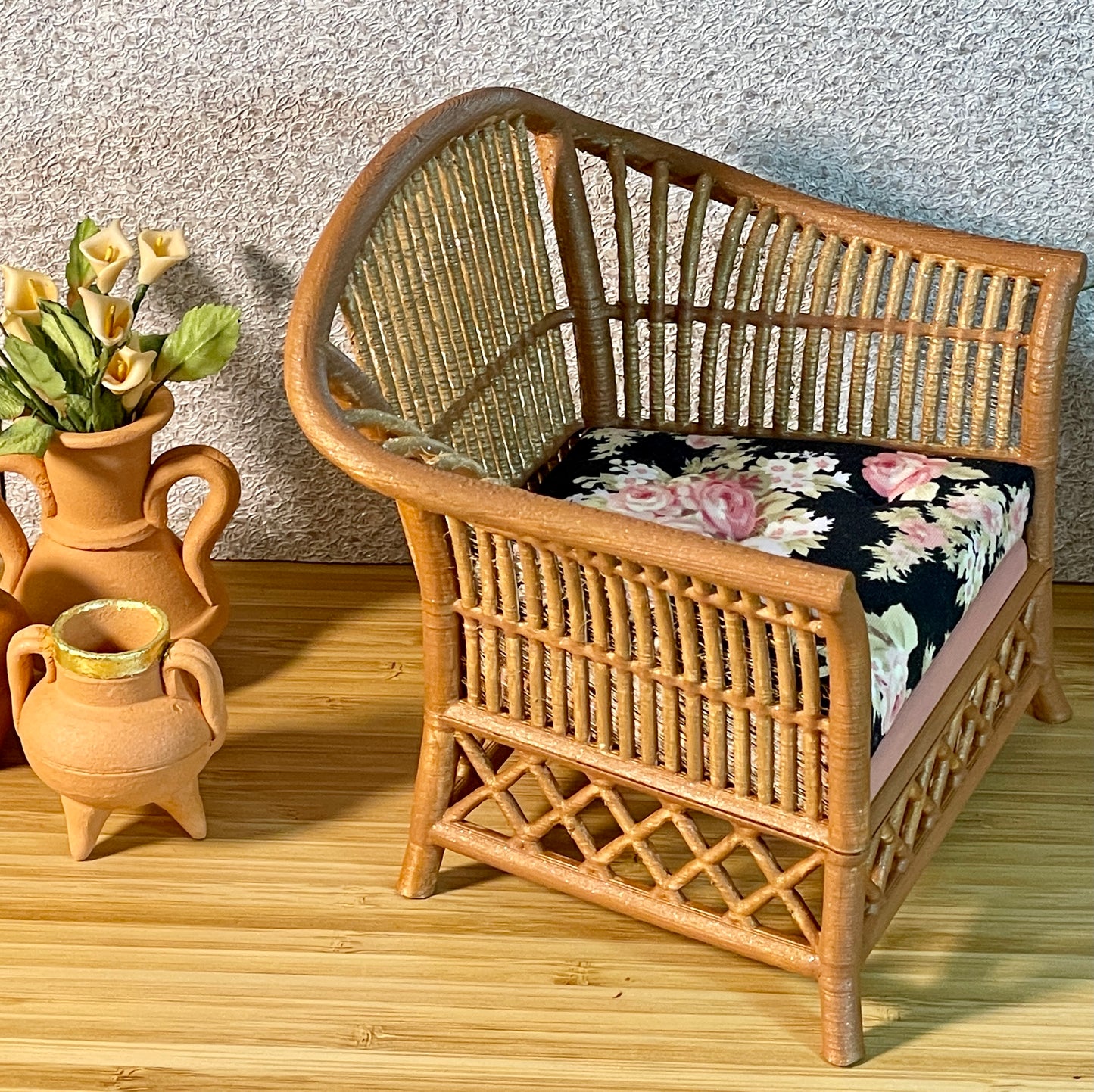 1:6 Dollhouse miniature cane rattan armchair light Pink & Floral Black