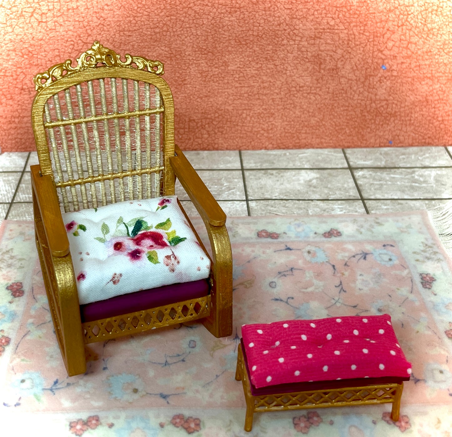 1:12 Dollhouse cane rattan rocking chair and foot-stool Spring Pink