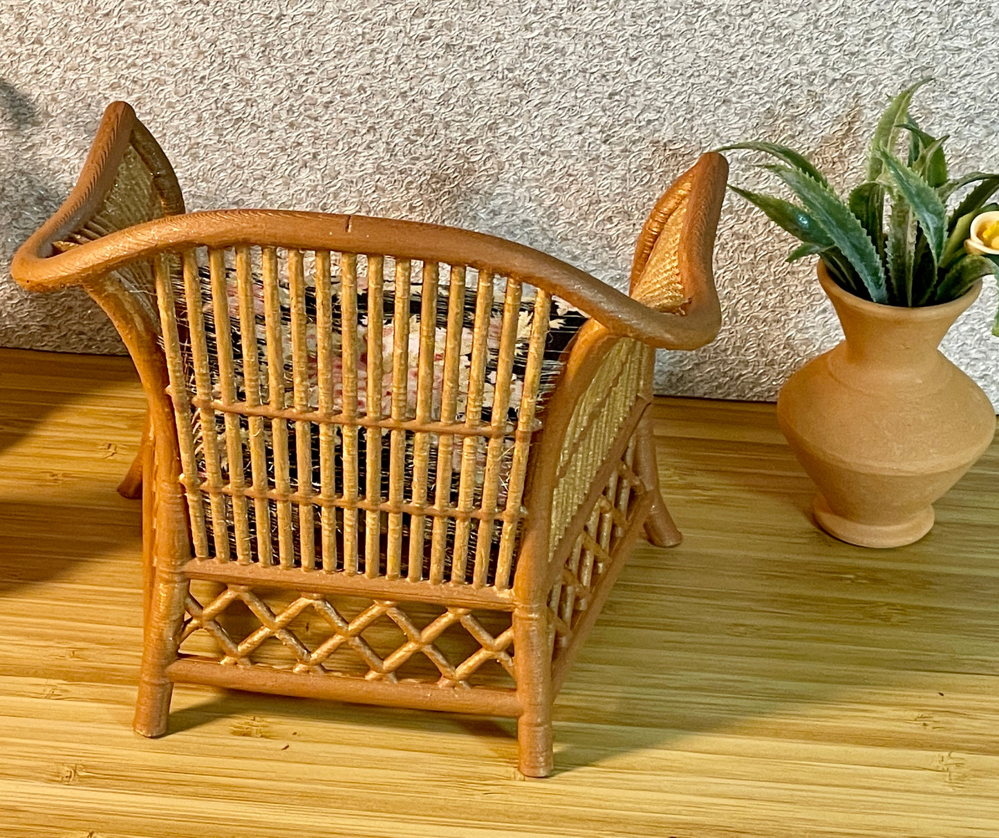 1:6 Dollhouse miniature cane rattan armchair light Pink & Floral Black