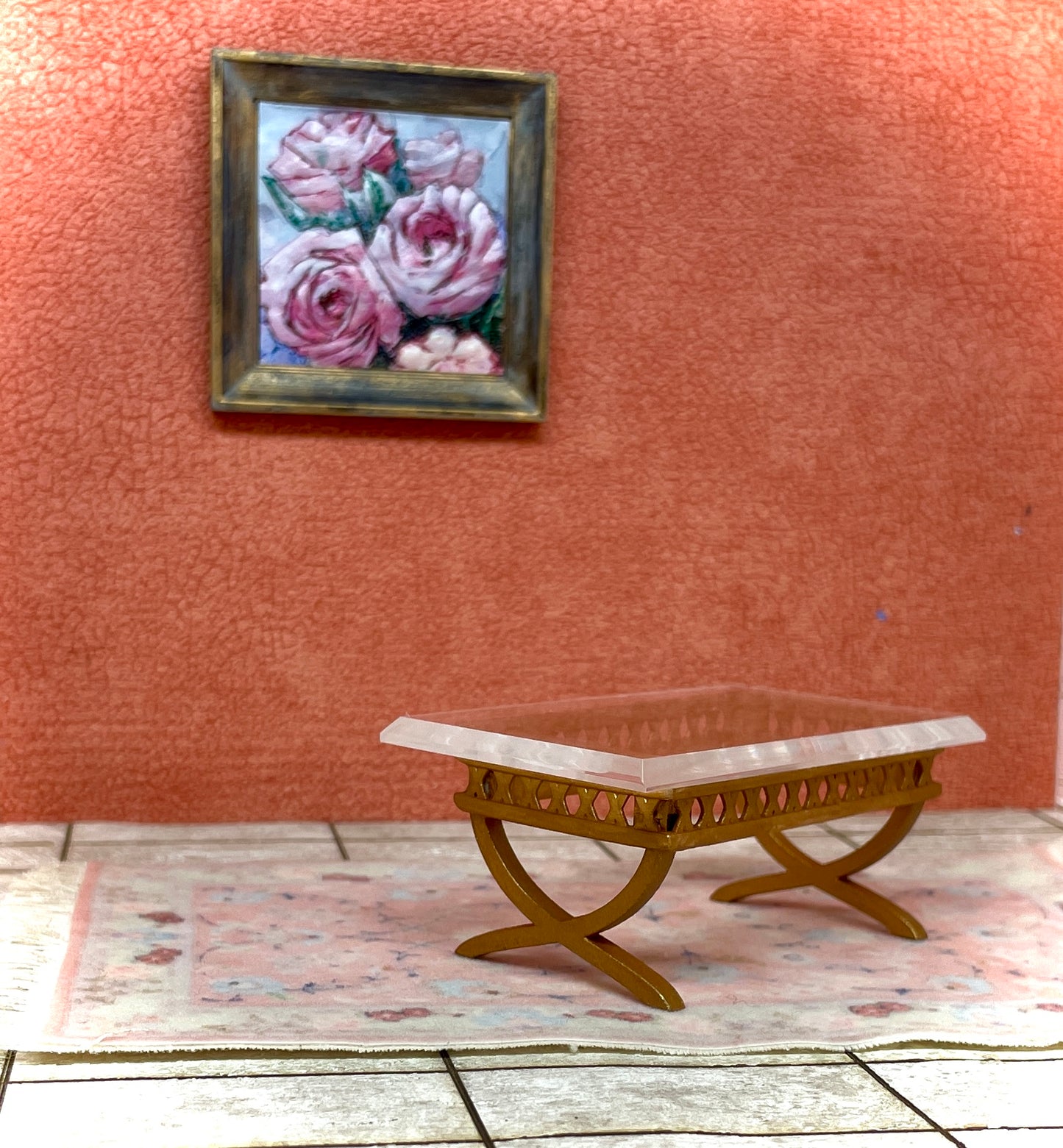 1:12 Dollhouse miniature table coffee rattan table w/beveled glass effect top