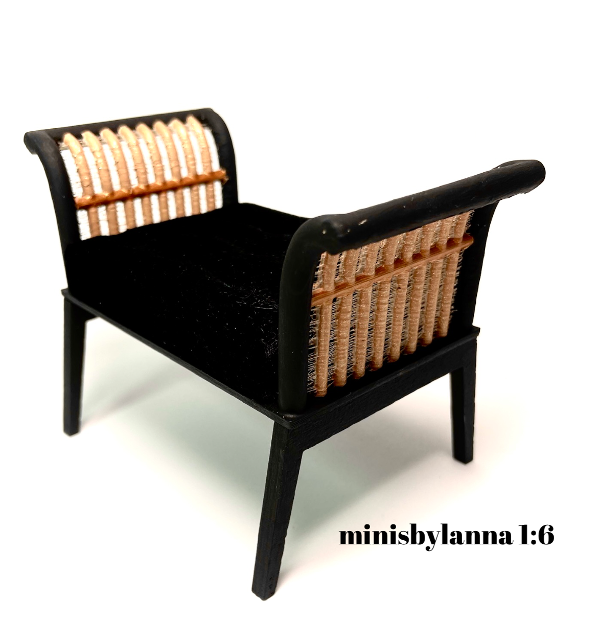 1:6 Dollhouse miniature wooden Art Deco rattan stool black velvet