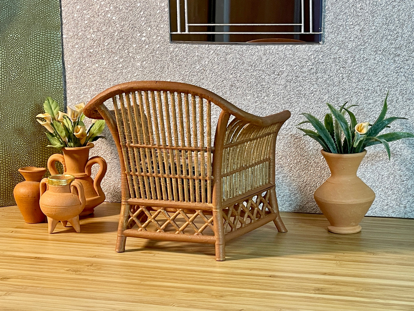 1:6 Dollhouse miniature cane rattan armchair light Pink & Floral Black