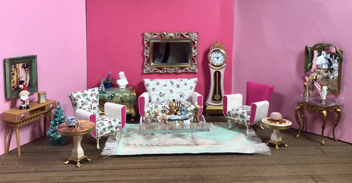 1:16 Dollhouse beveled glass wall mirror on a classic gold & pink frame - Lundby scale