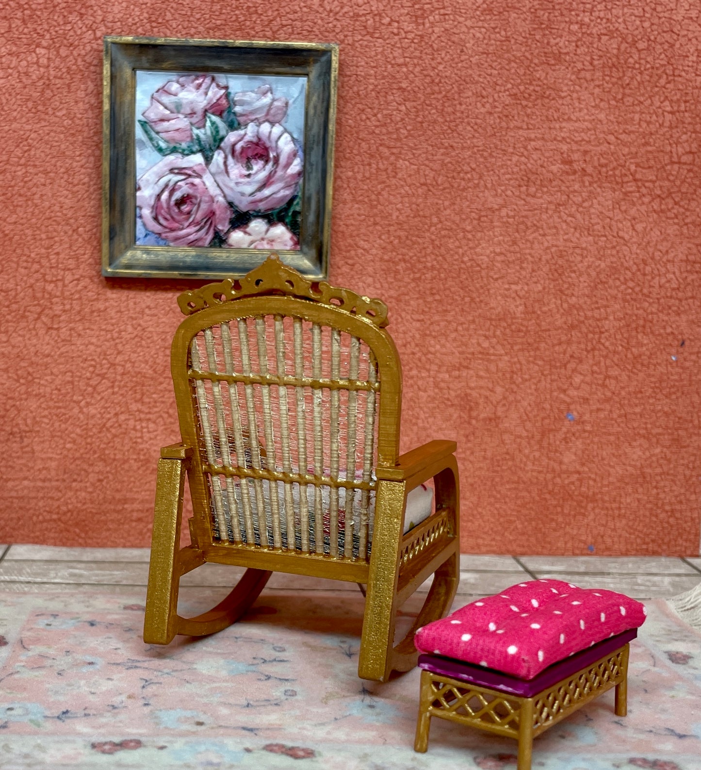 1:12 Dollhouse cane rattan rocking chair and foot-stool Spring Pink