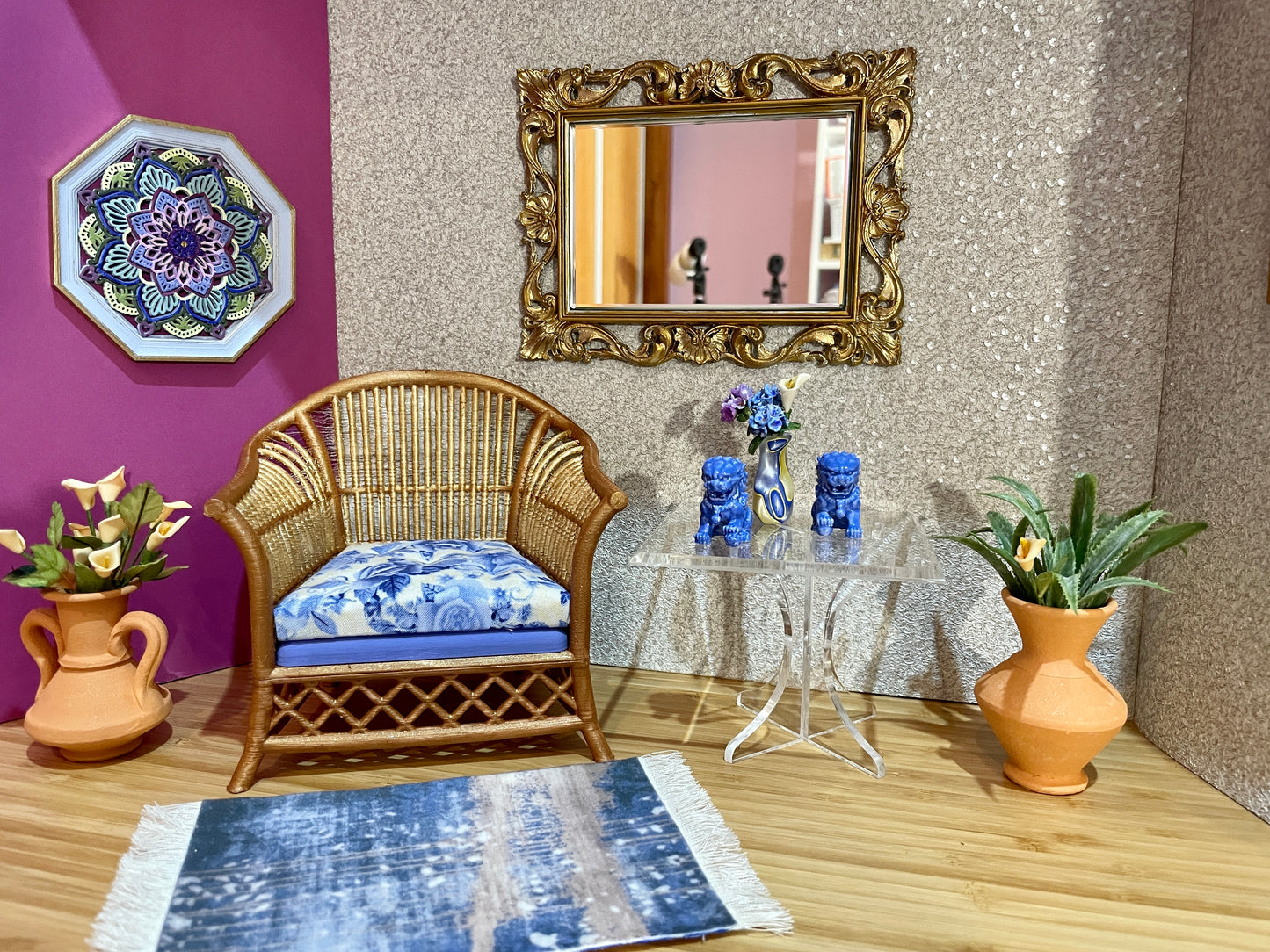 1:6 Dollhouse real beveled glass wall mirror on a classic gilded frame