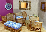 1:6 Dollhouse cane rattan living room set Blue Roses