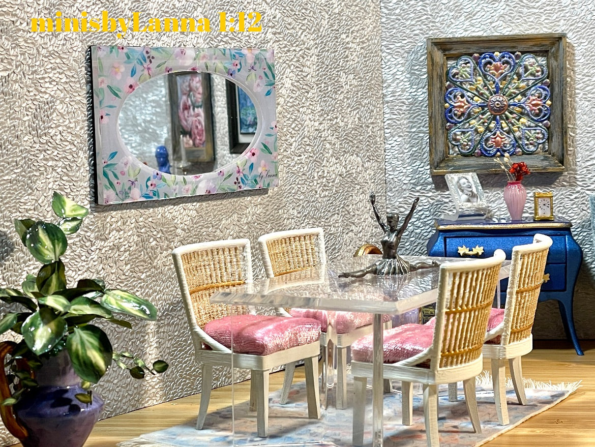 1:12 Dollhouse miniature wall mirror blue floral dimension