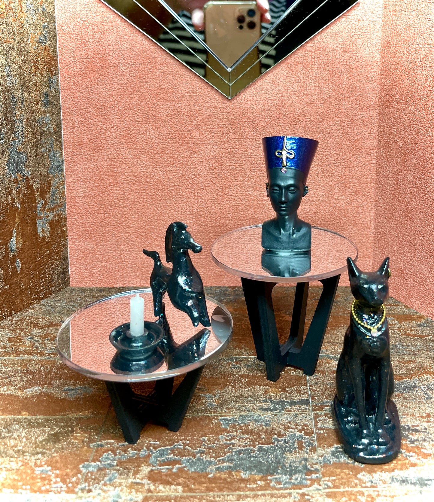 1:6 Dollhouse miniature mid Century wooden Art Deco black side table set (2) top mirrored