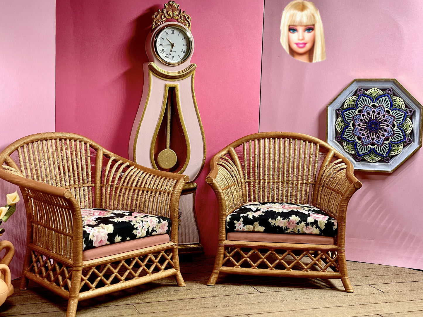 1:6 Dollhouse miniature cane rattan armchair light Pink & Floral Black