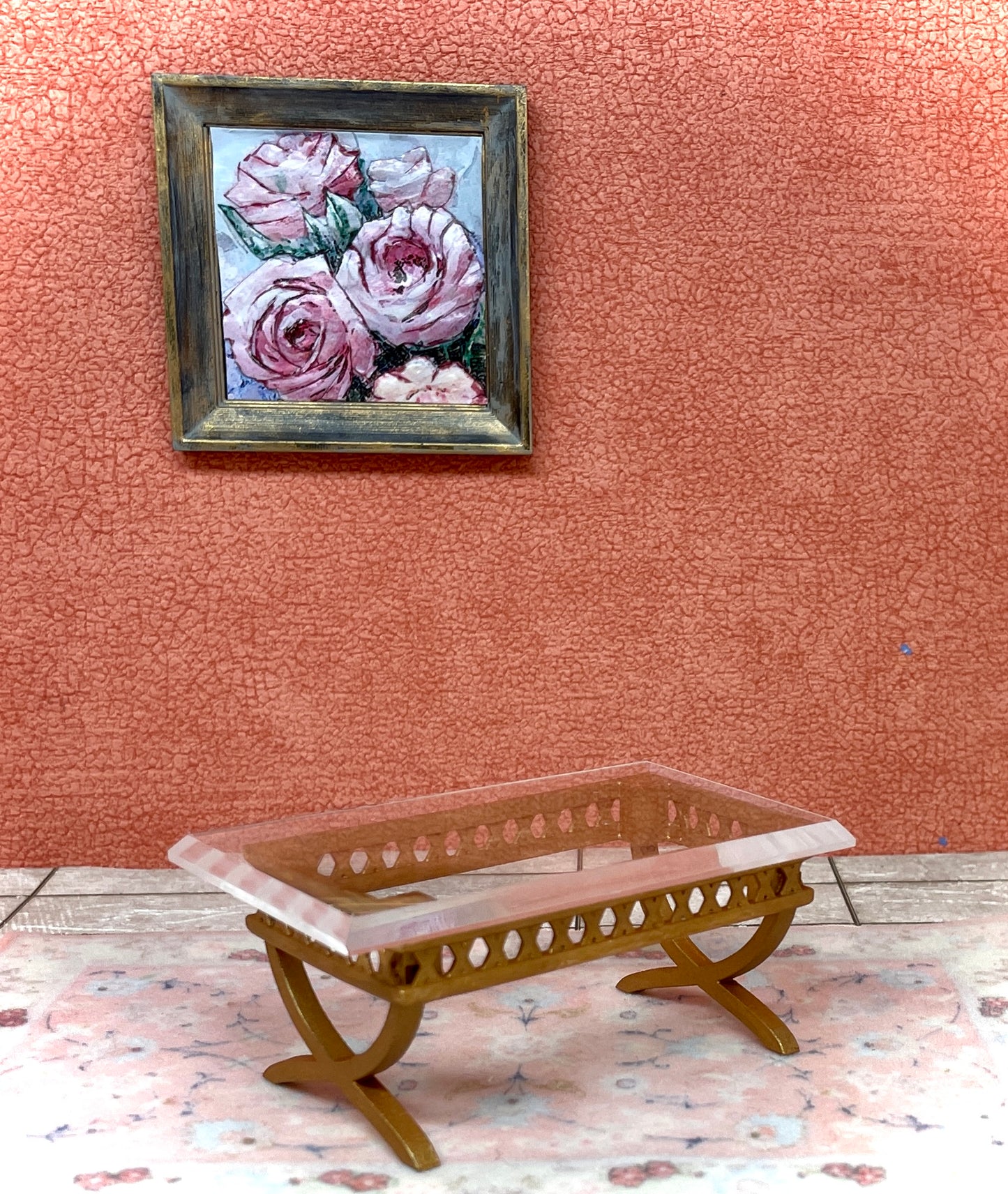 1:12 Dollhouse miniature table coffee rattan table w/beveled glass effect top