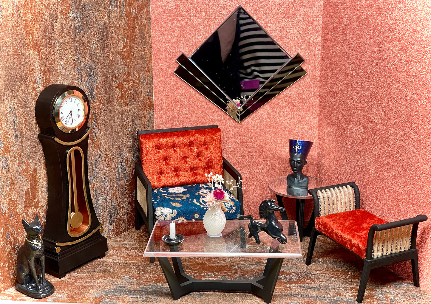 1:6 Dollhouse miniature Art Deco silver/bronze large beveled wall mirror