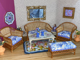 1:6 Dollhouse cane rattan armchair Blue Roses