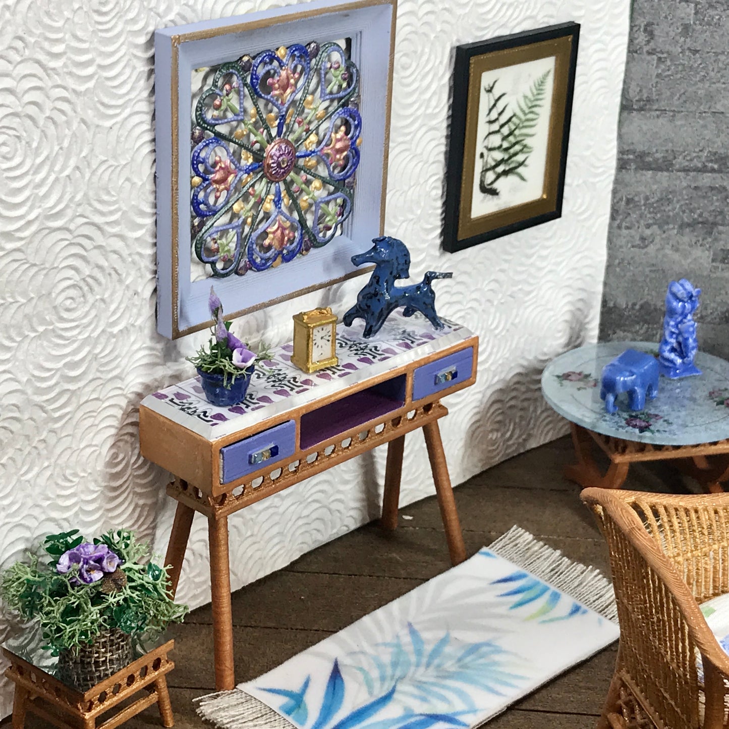 1:12 Dollhouse console table cane rattan blue & beveled top