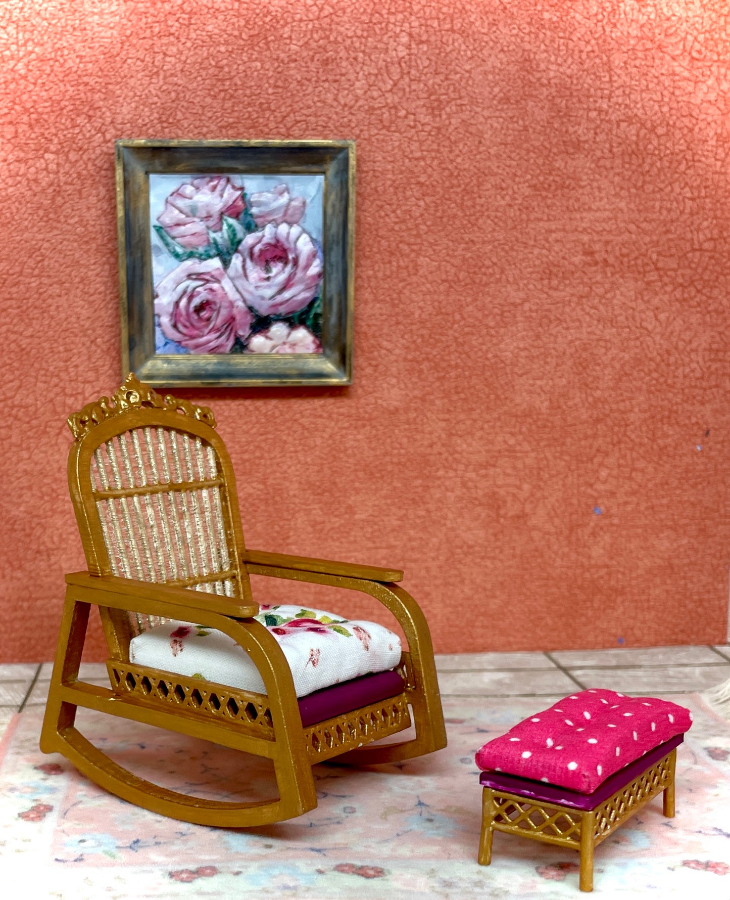 1:12 Dollhouse cane rattan rocking chair and foot-stool Spring Pink