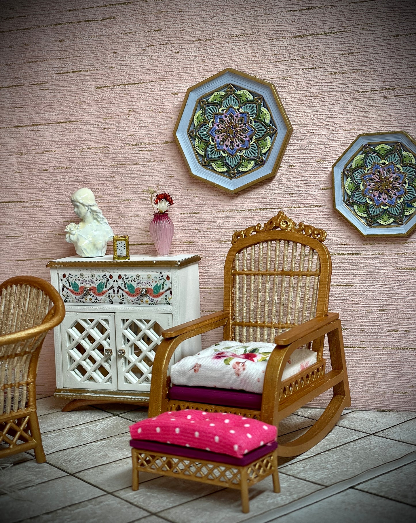1:12 Dollhouse cane rattan rocking chair and foot-stool Spring Pink