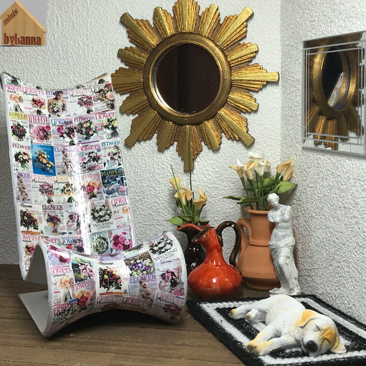 1:6 Dollhouse wall mirror sunburst/starburst golden frame miniature