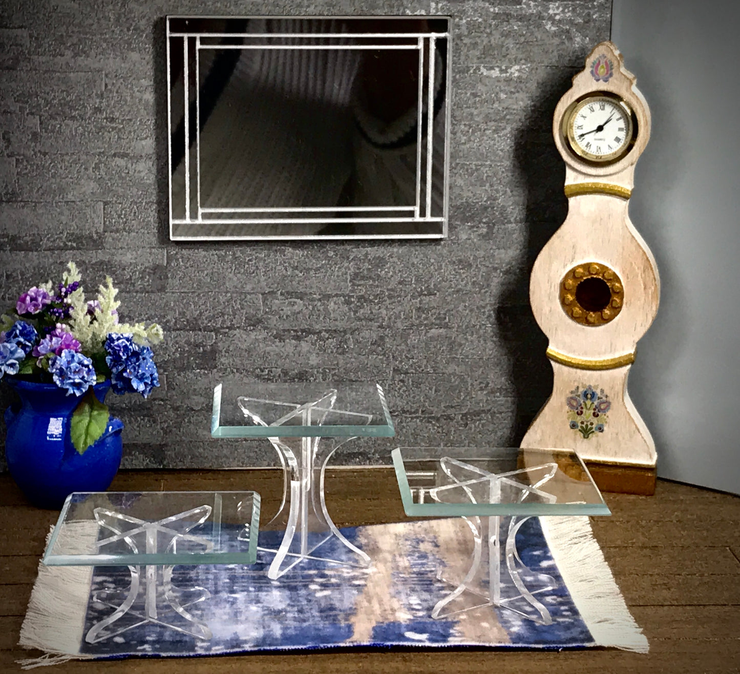1:12 Dollhouse miniature modern 3 beveled glass effect side table set A