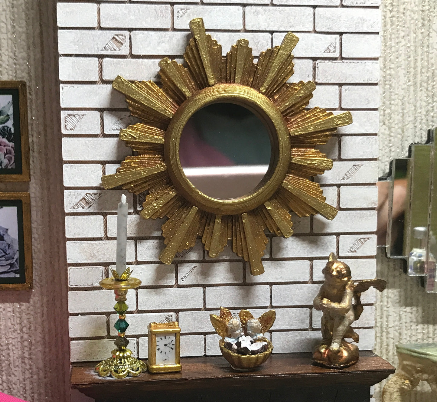 1:12 Dollhouse miniature vintage wall mirror sunburst/starburst golden frame