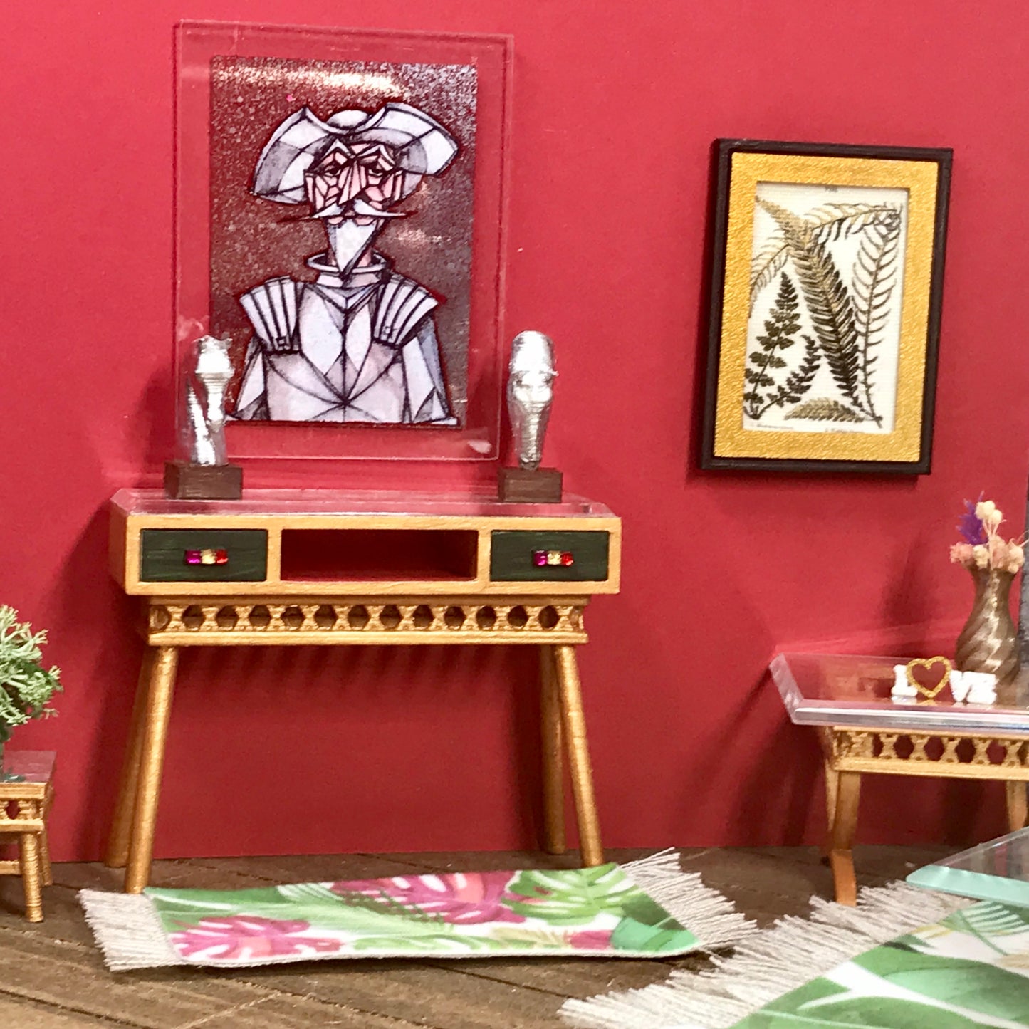 1:12 Dollhouse console table cane rattan wine/gold/green & beveled top