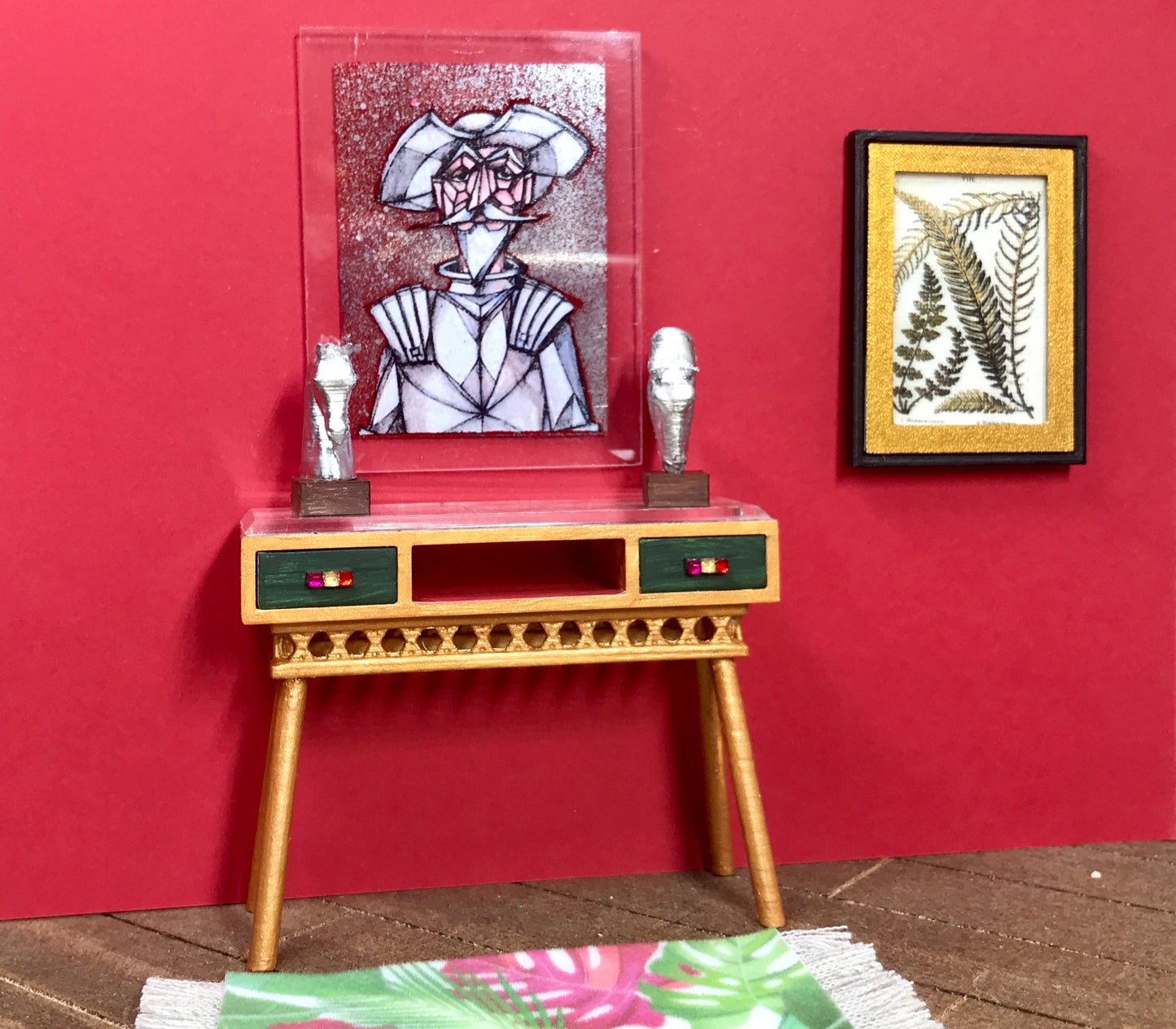 1:12 Dollhouse console table cane rattan wine/gold/green & beveled top