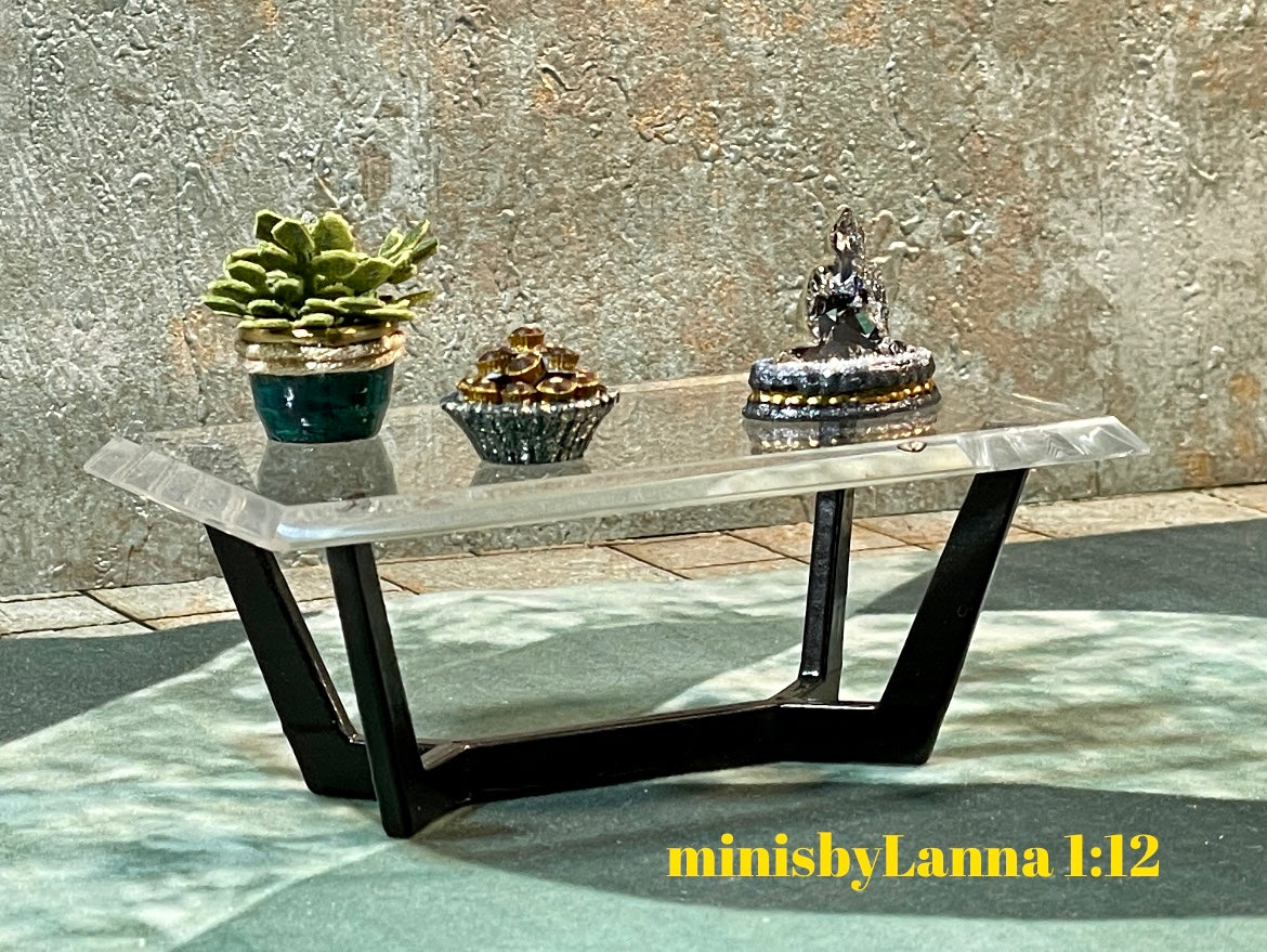 1:12 Dollhouse miniature Art Deco coffee & side tables black beveled glass effect top