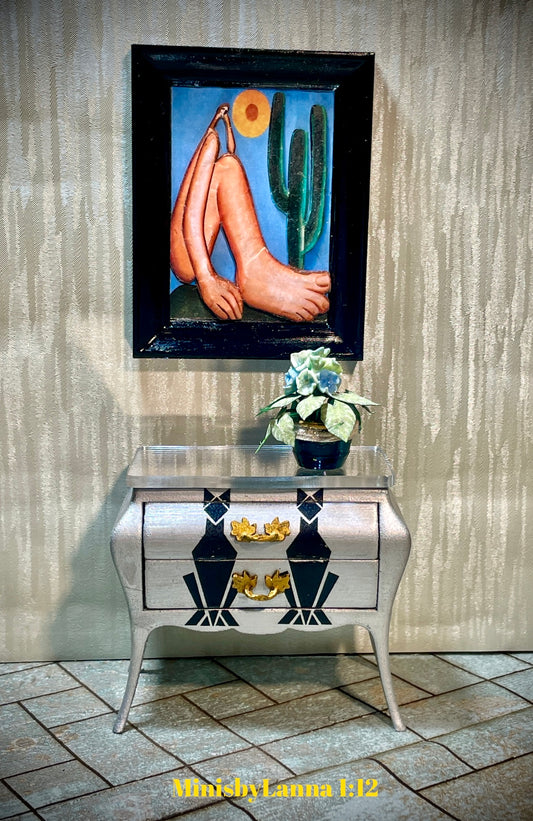 1:12 Dollhouse miniature Art Deco silver/black chest of drawers cat decoupage