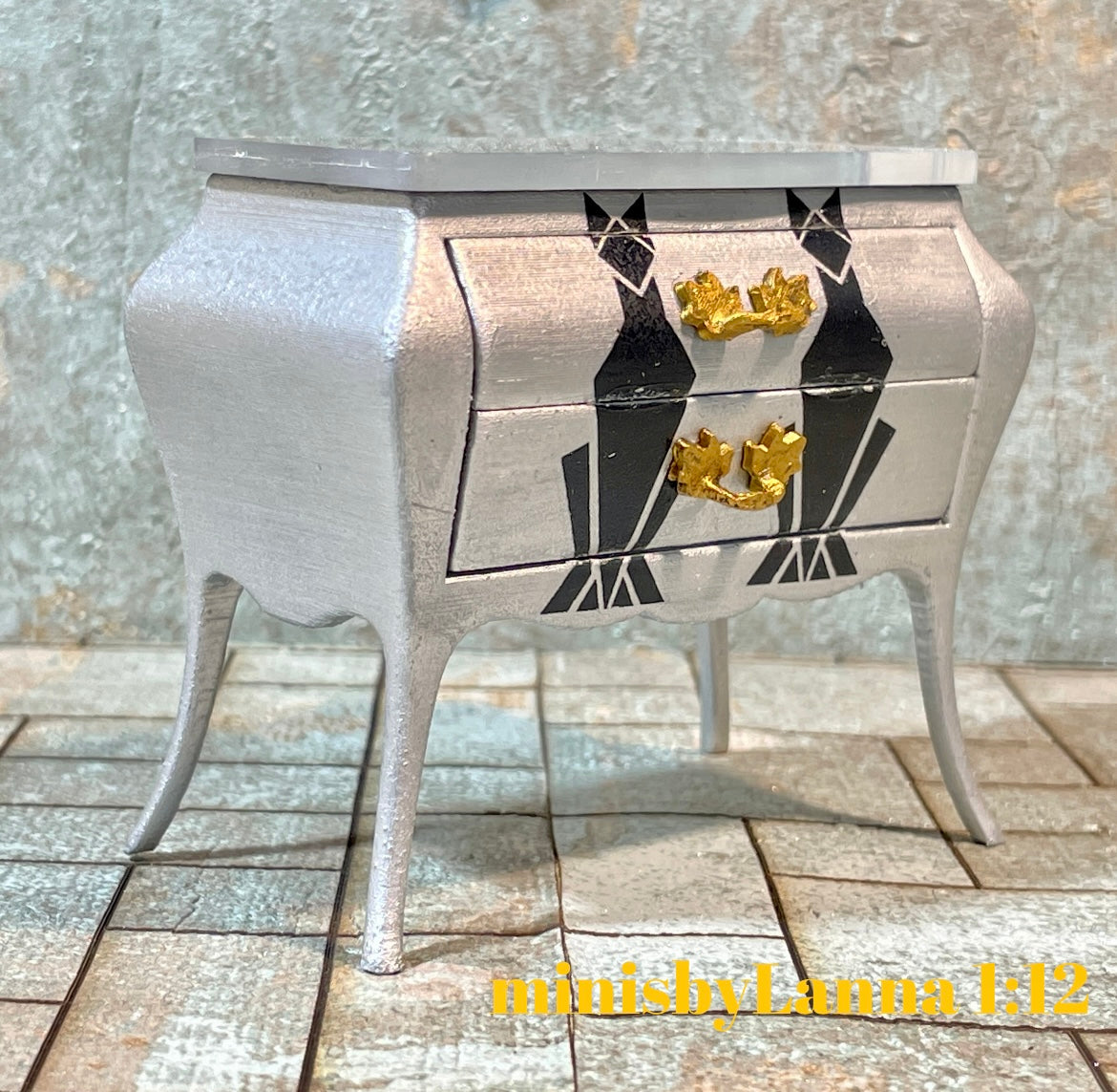 1:12 Dollhouse miniature Art Deco silver/black chest of drawers cat decoupage