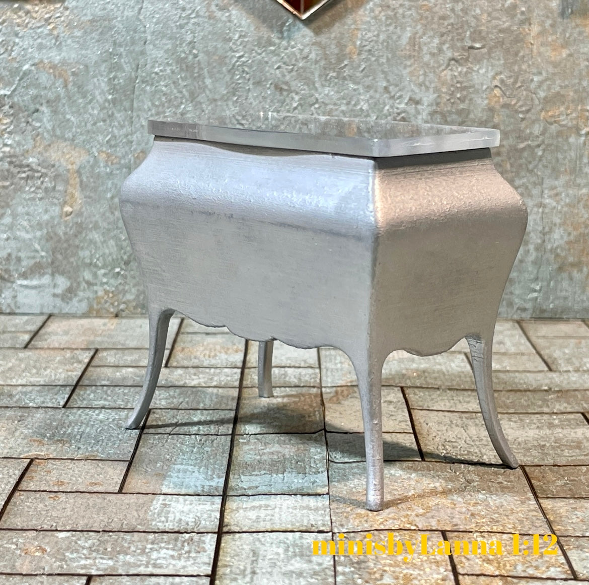1:12 Dollhouse miniature Art Deco silver/black chest of drawers cat decoupage