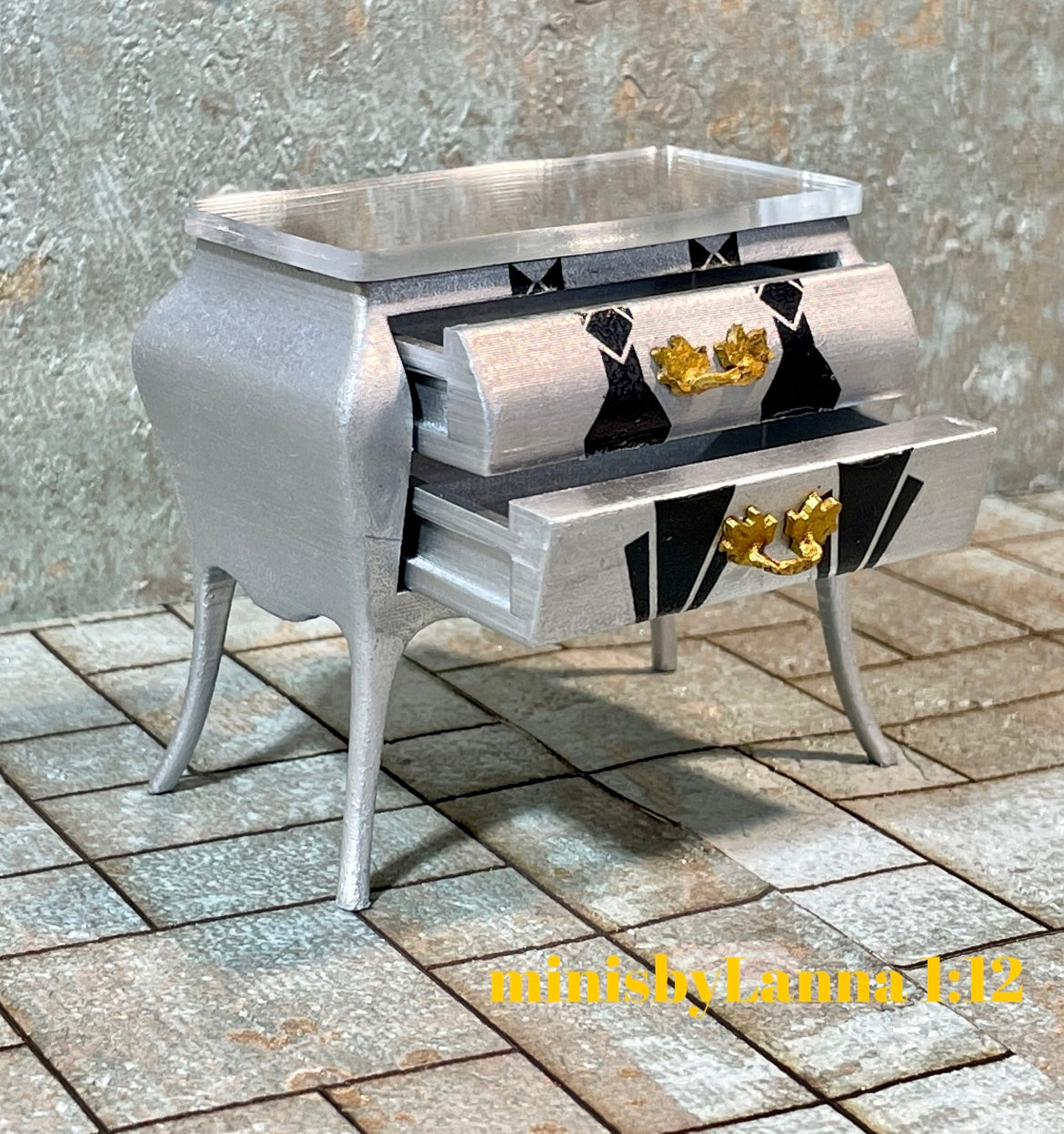 1:12 Dollhouse miniature Art Deco silver/black chest of drawers cat decoupage