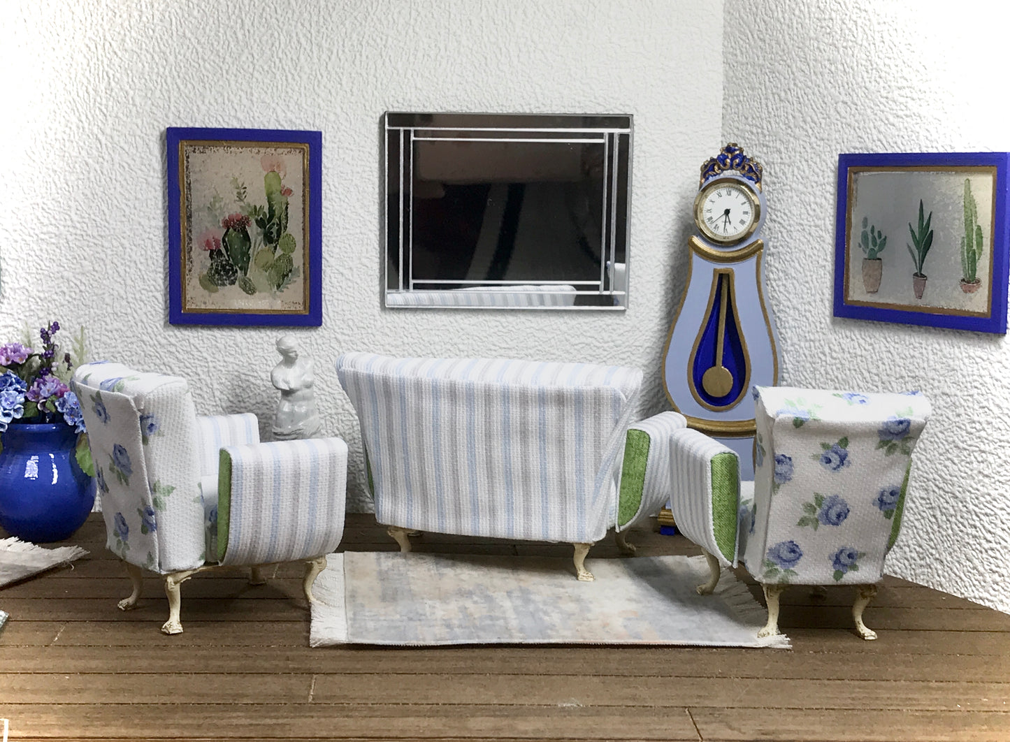1:12 Dollhouse miniature living room set sofa and two armchairs - Blue Roses