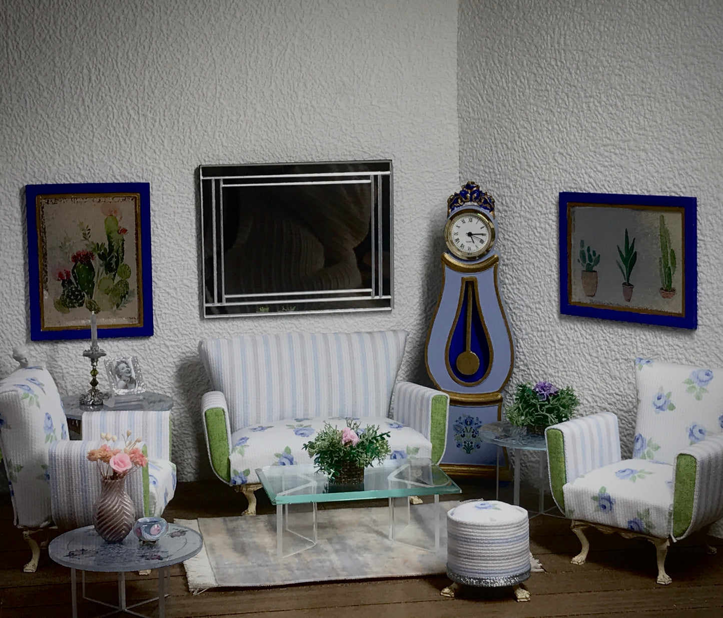 1:12 Dollhouse miniature living room set sofa and two armchairs - Blue Roses
