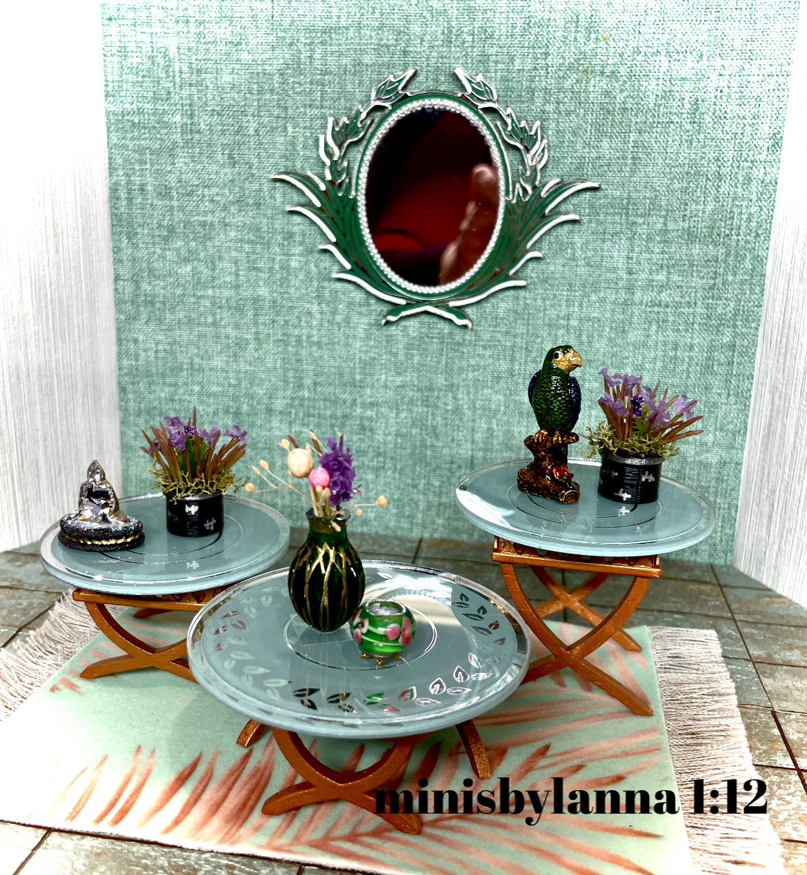 1:12 Dollhouse cane rattan side table set (3) tropical green etched mirror round tops