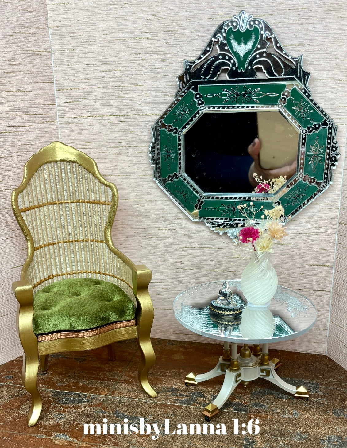 1:6 Dollhouse miniature Victorian rattan velvet light green chair