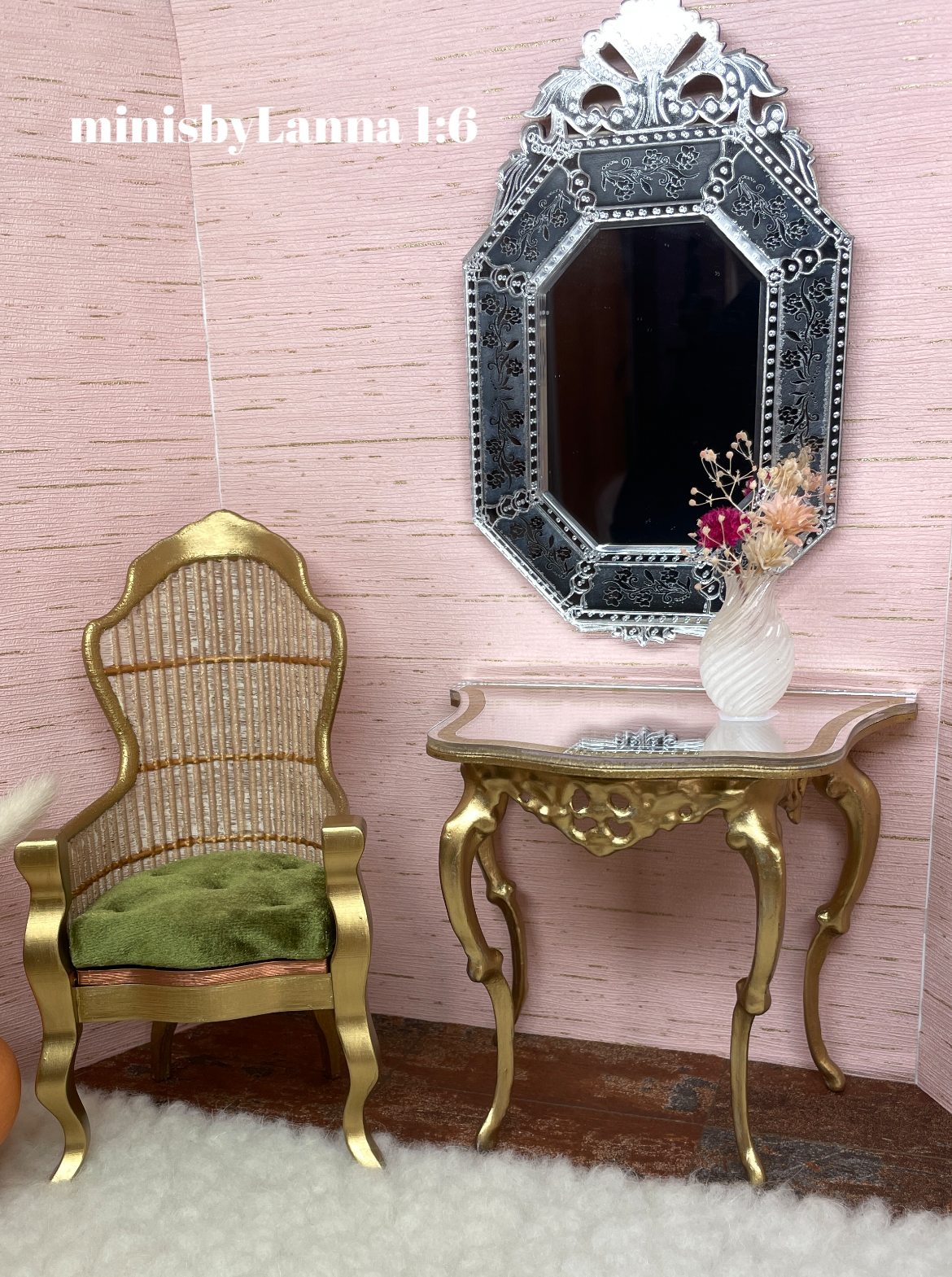 1:6 Dollhouse miniature Victorian rattan velvet light green chair