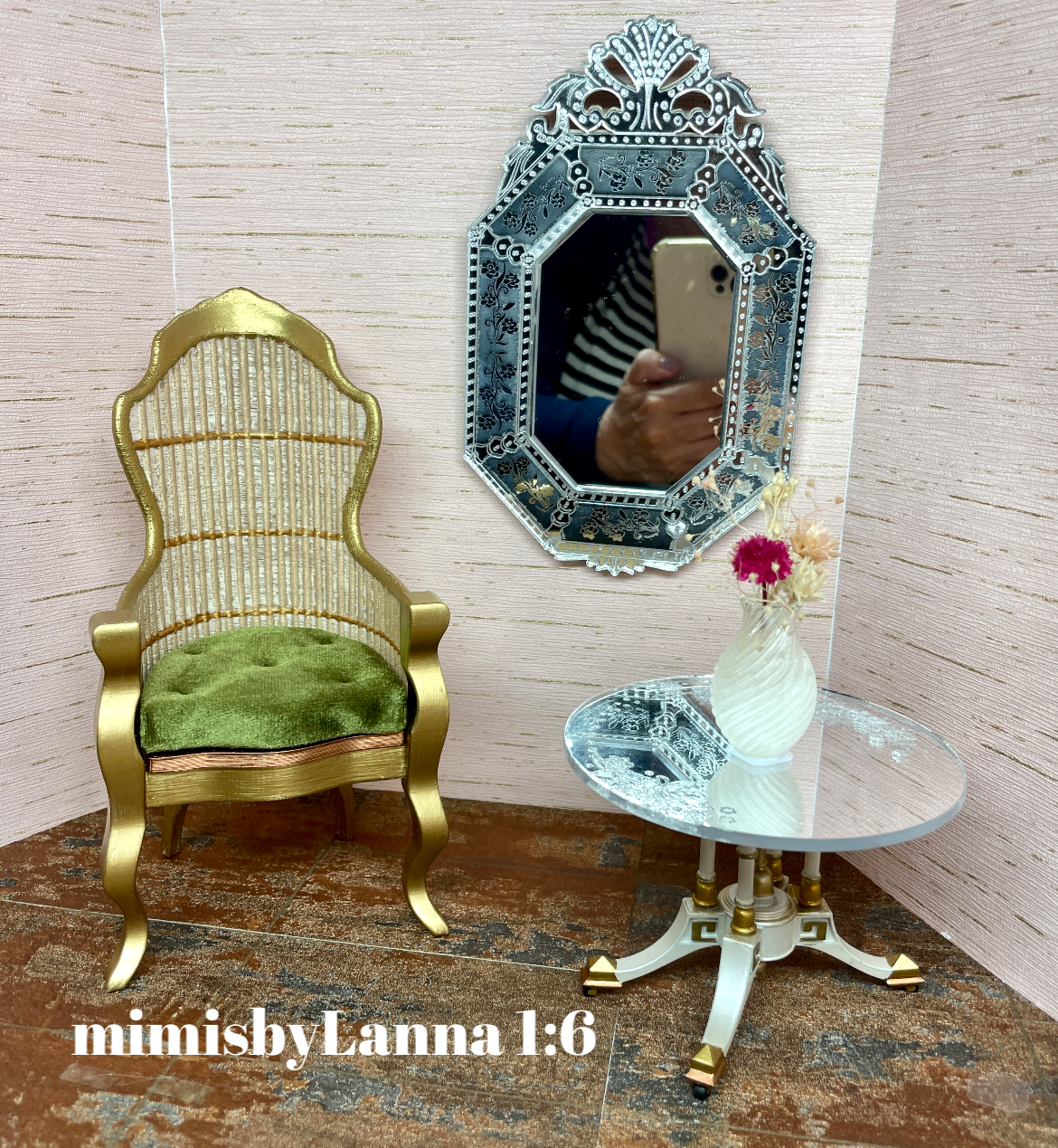 1:6 Dollhouse miniature Victorian rattan velvet light green chair