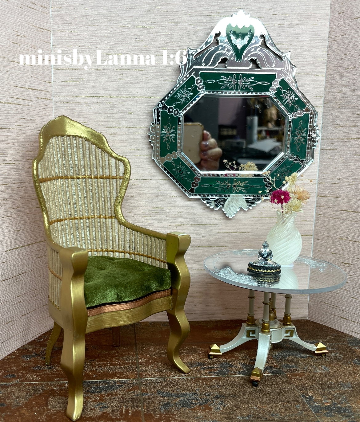 1:6 Dollhouse miniature Victorian rattan velvet light green chair