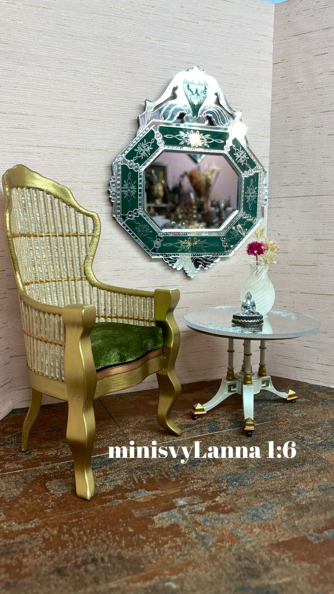 1:6 Dollhouse miniature Victorian rattan velvet light green chair